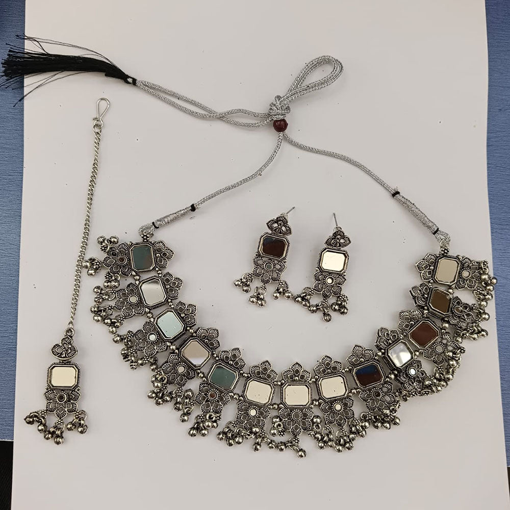 Urthn Oxidised Plated Traditional Mirror Choker Necklace Jewellery Set