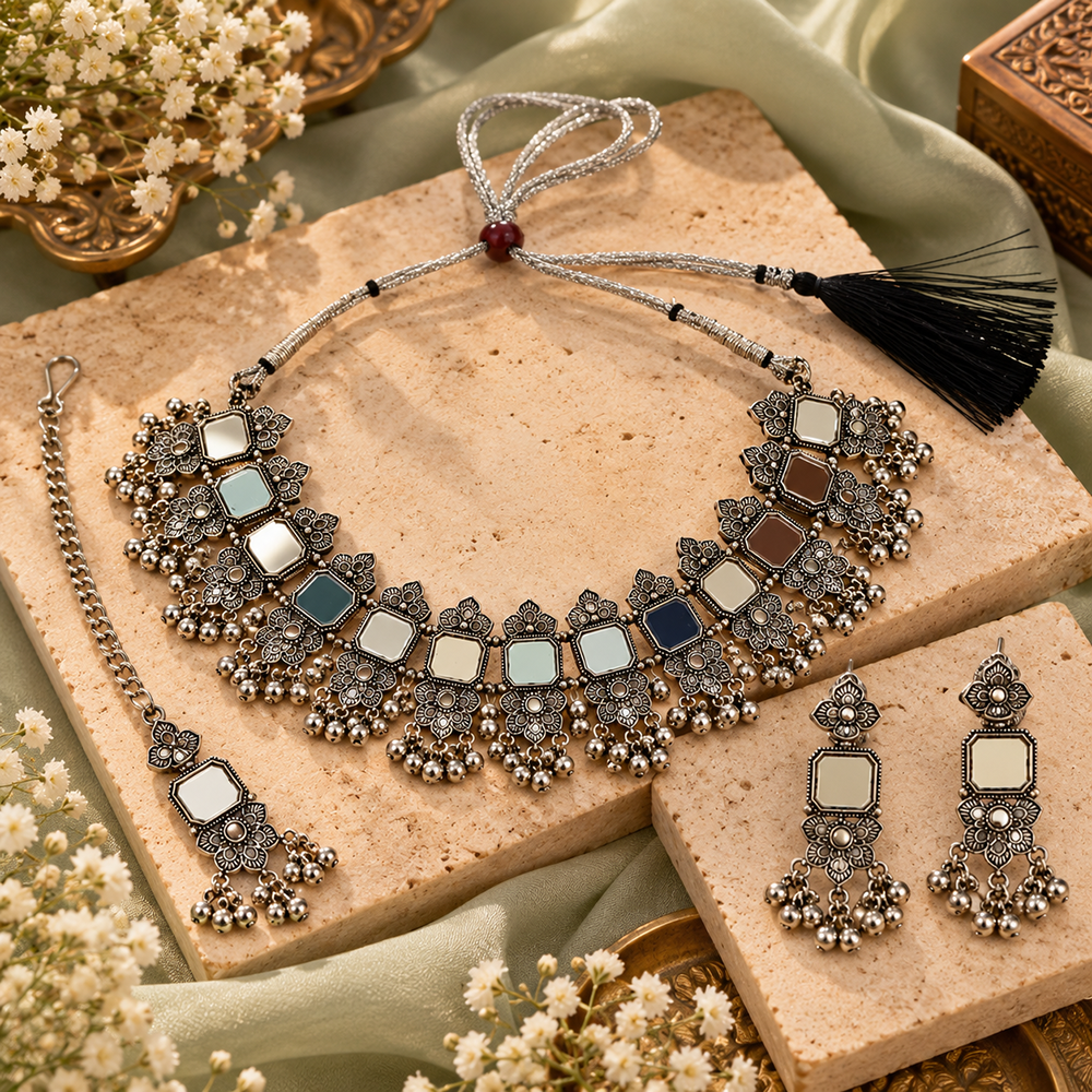 Urthn Oxidised Plated Traditional Mirror Choker Necklace Jewellery Set