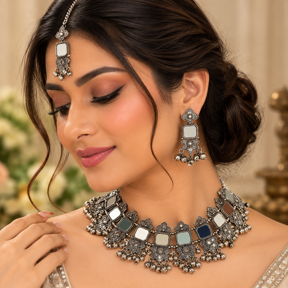Urthn Oxidised Plated Traditional Mirror Choker Necklace Jewellery Set