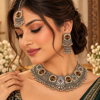 Urthn 2 Tone Plated Pota Stone And Pearl Fashion Choker Necklace Set for Women