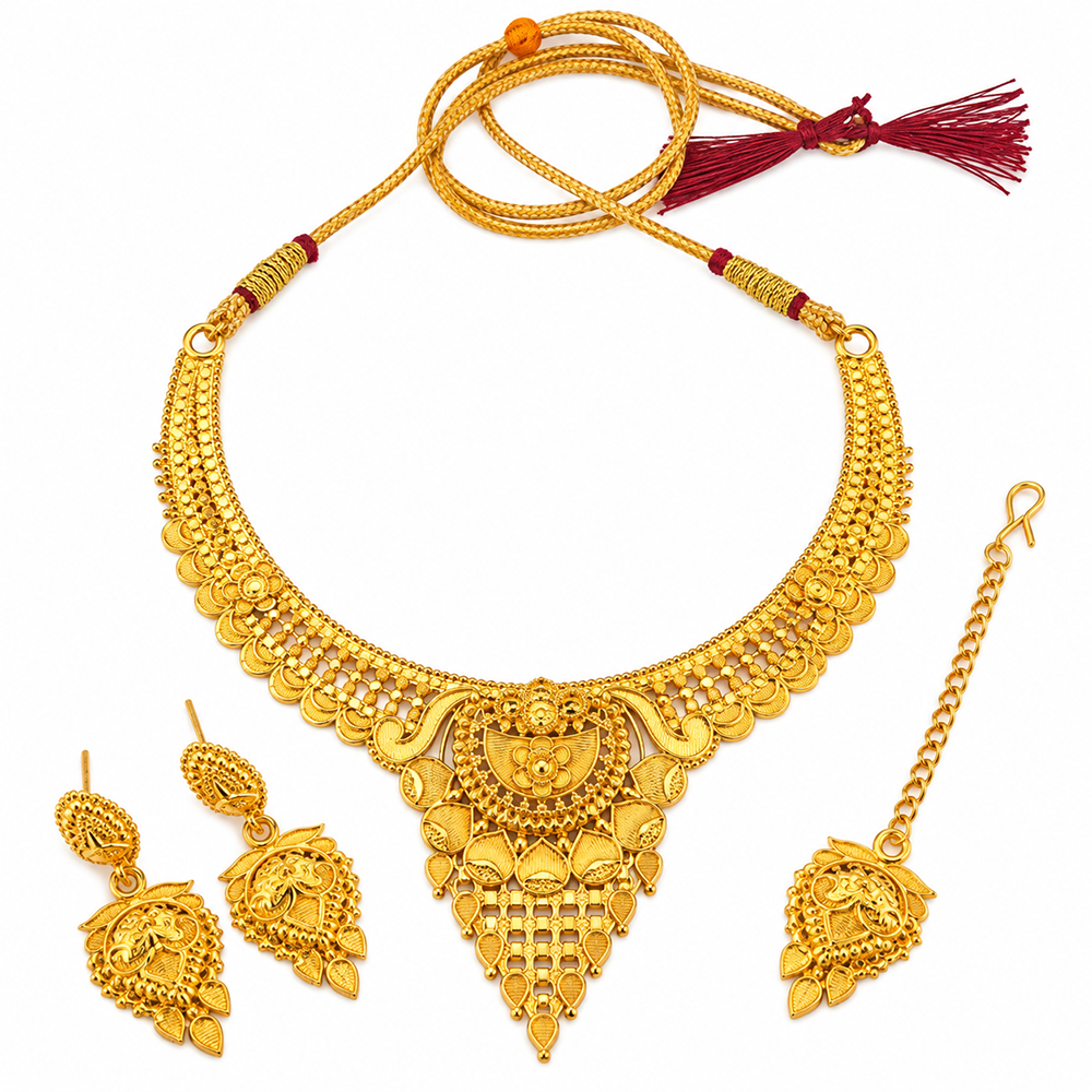 Urthn Traditional Gold Plated Necklace Set with Maangtikka | Elegant Ethnic Jewellery for Women(Pack Of 3 )