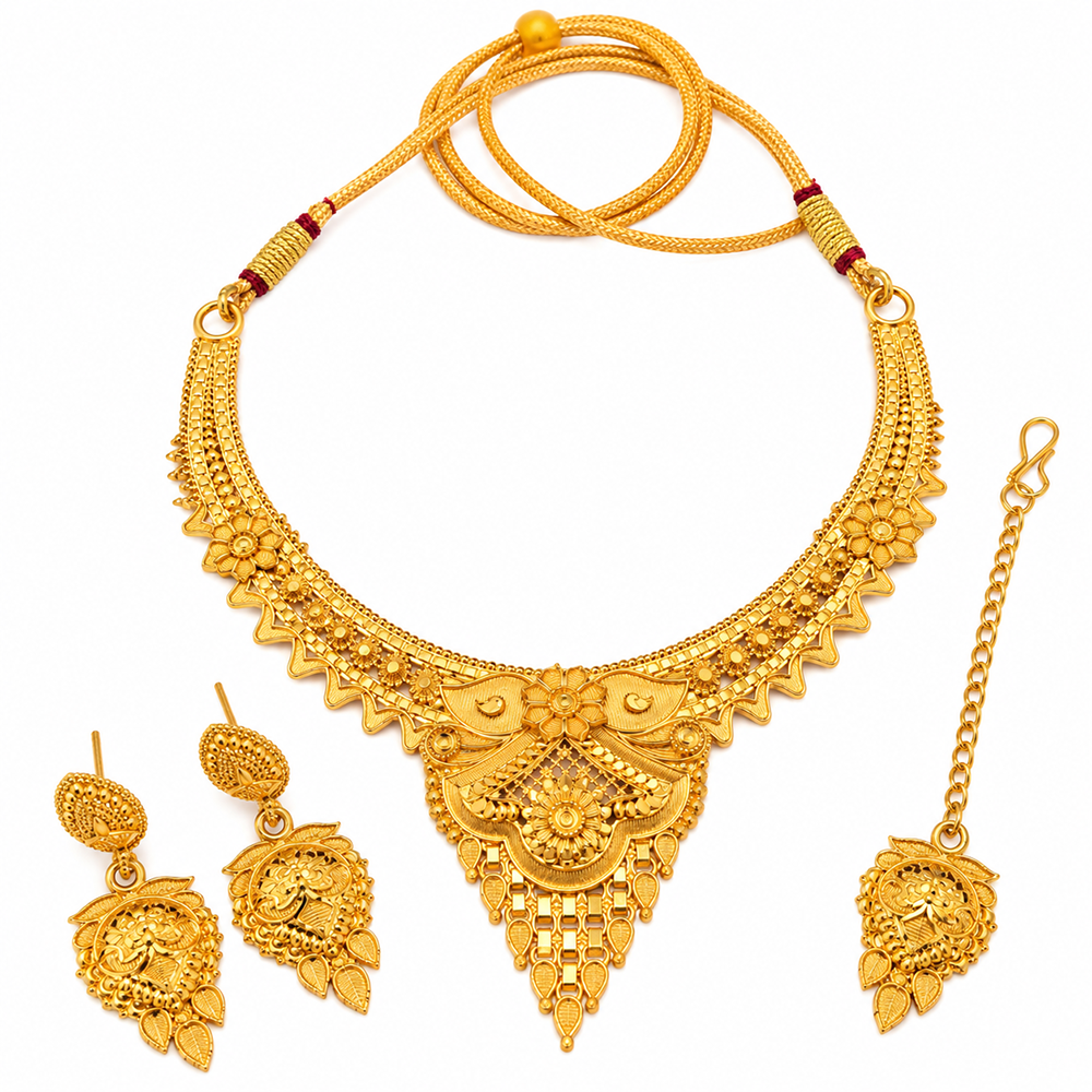 Urthn Elegant Gold Plated Ethnic Necklace Set with Maangtikka | Wedding & Special Occasion Jewellery(Pack Of 3 )