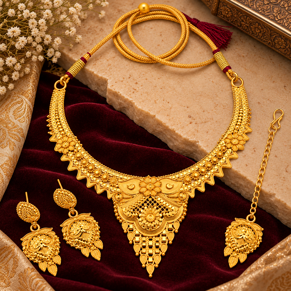 Urthn Elegant Gold Plated Ethnic Necklace Set with Maangtikka | Wedding & Special Occasion Jewellery