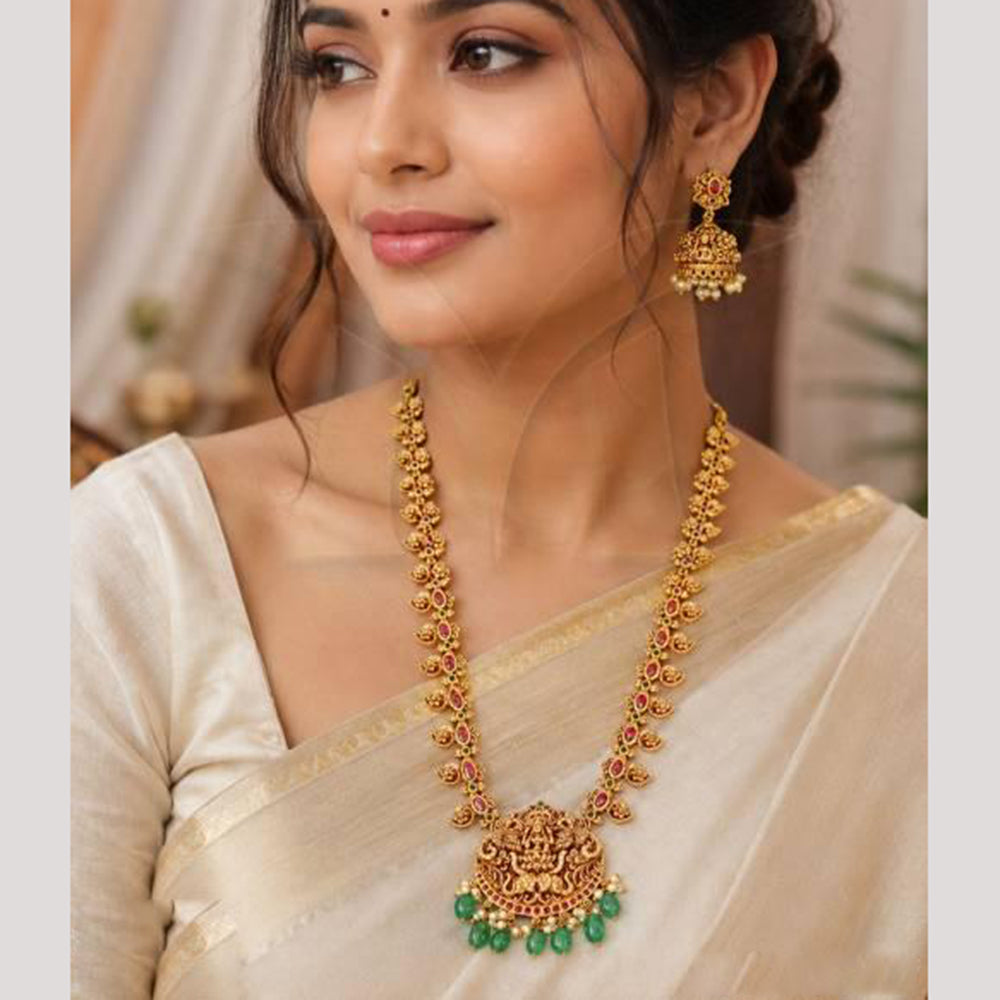 Everlasting Quality Jewels Pota Stone South Indian Temple Long Necklace Set