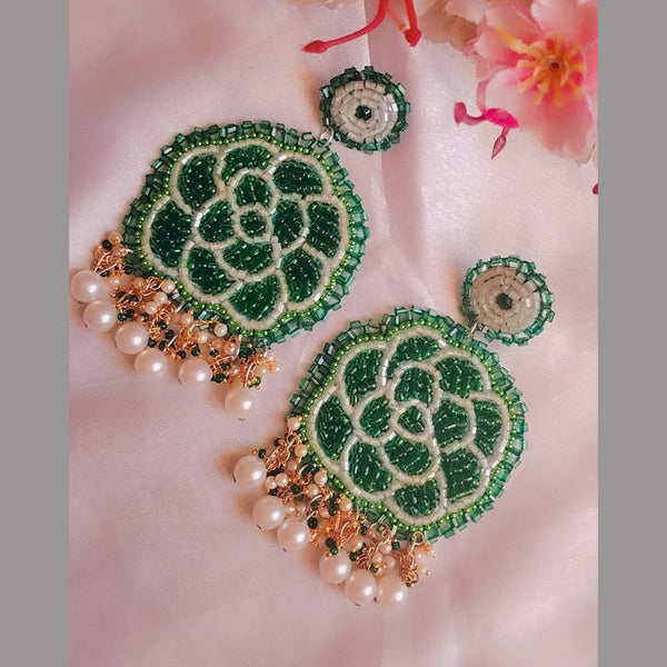Sanshray Handmade Green Embroidered Dangler Earrings