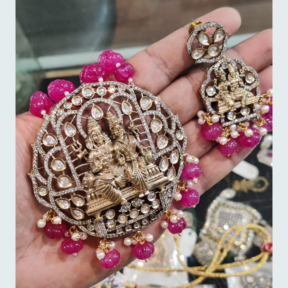 FS Collection Gold Plated AD Stone Long Temple Necklace Set