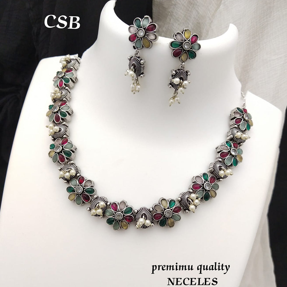 FS Collection Silver Plated Pota Stone Necklace Set