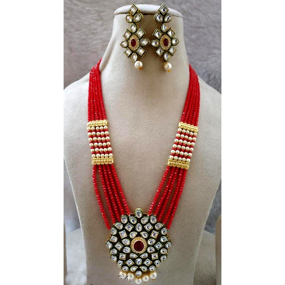 FS Collection Gold Plated Kundan And Pearl Long Necklace Set
