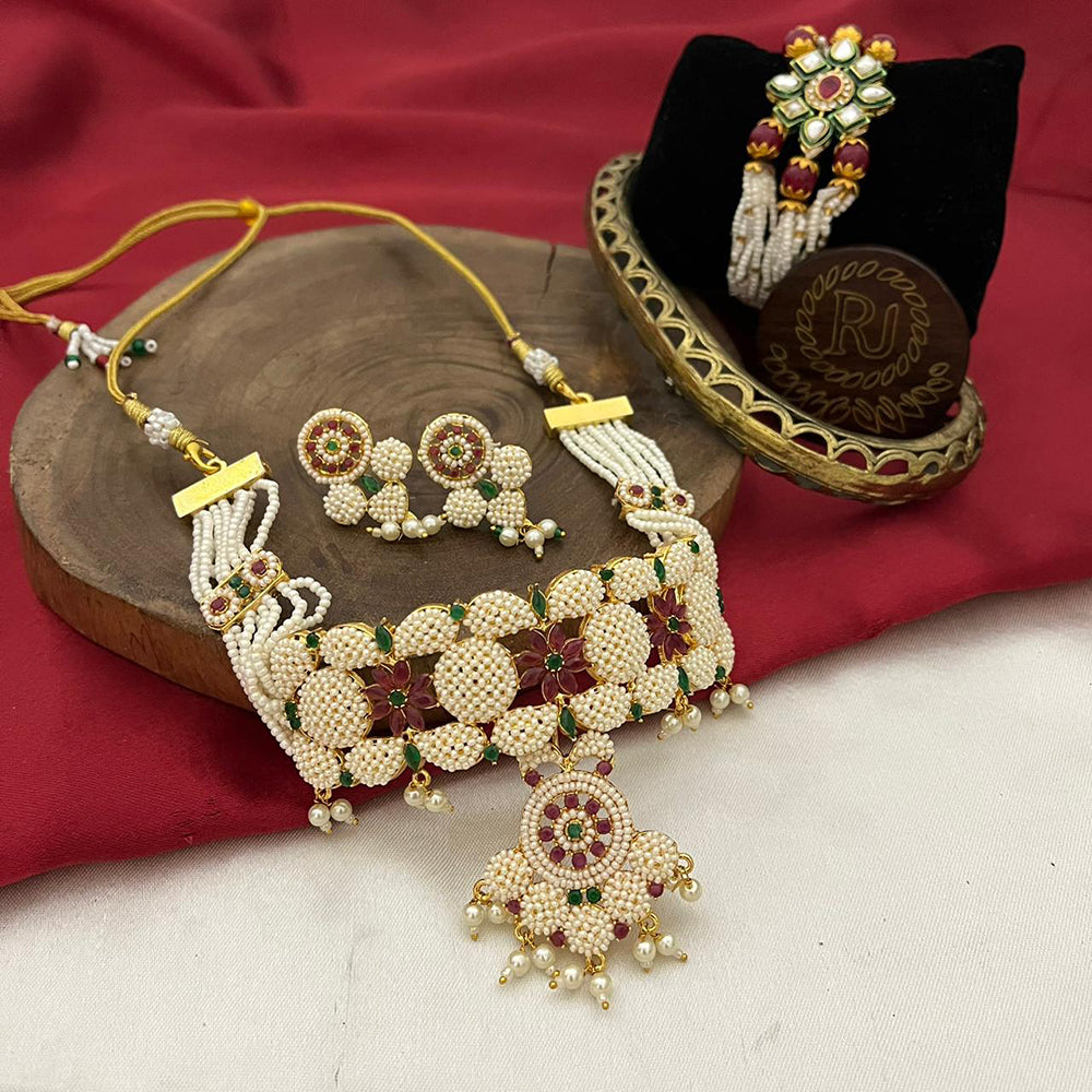 FS Collection Gold Plated Pearl Choker Necklace Set