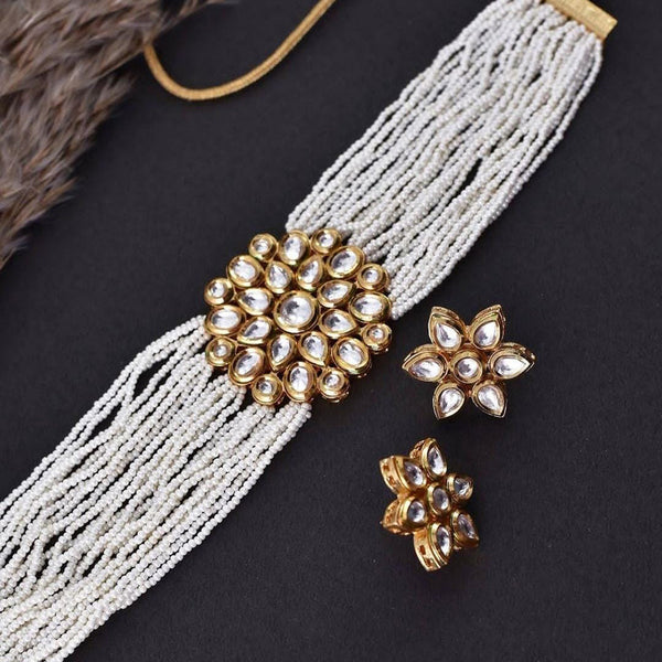 FS Collection Gold Plated Kundan Stone And Pearl Choker Necklace Set