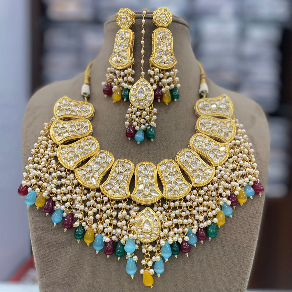 FS Collection Gold Plated Kundan Pearl And Beads Necklace Set