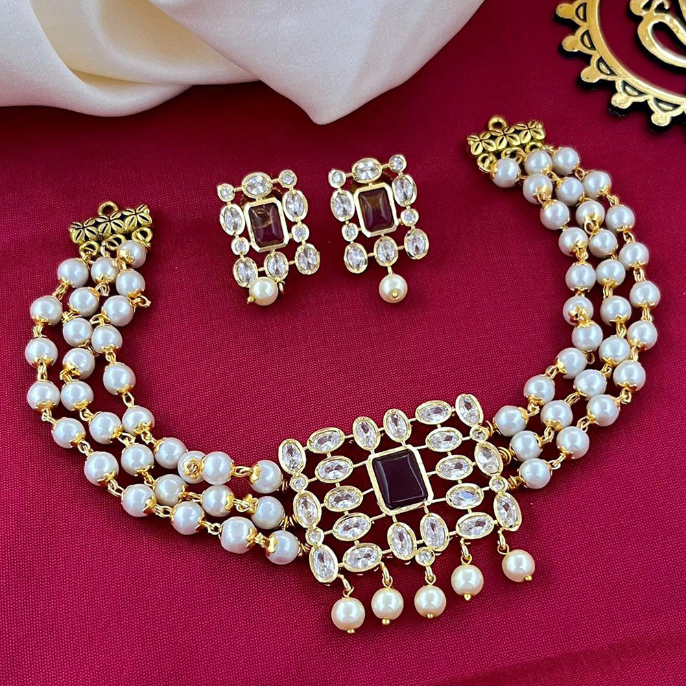FS Collection Gold Plated Crystal Stone And Pearl Choker Necklace Set