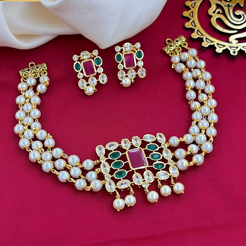 FS Collection Gold Plated Crystal Stone And Pearl Choker Necklace Set