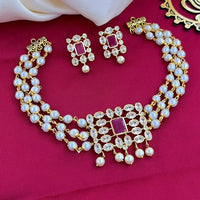 FS Collection Gold Plated Crystal Stone And Pearl Choker Necklace Set