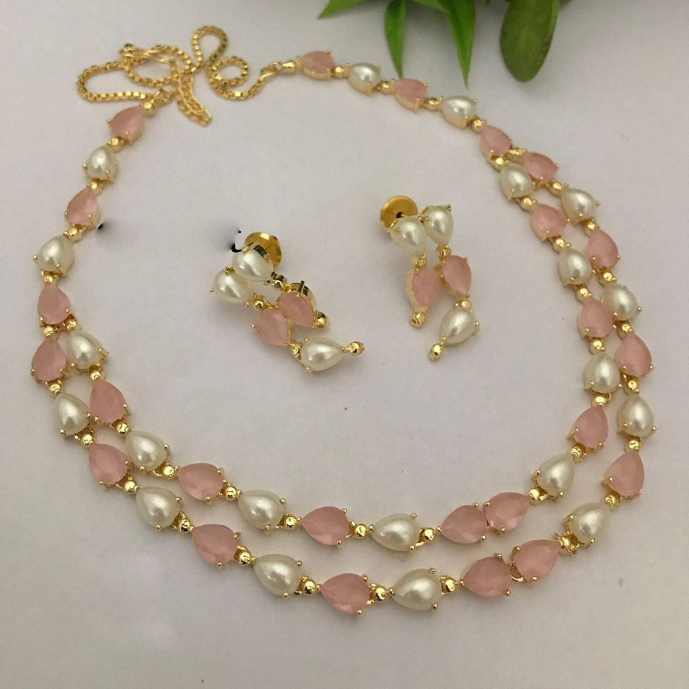 FS Collection Gold Plated Crystal Stone And Pearl Necklace Set