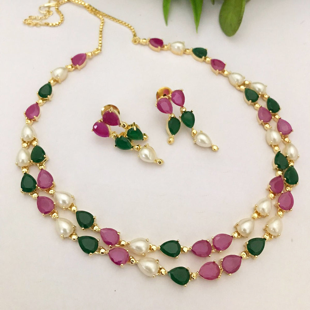 FS Collection Gold Plated Crystal Stone And Pearl Necklace Set