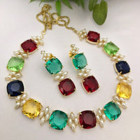 FS Collection Gold Plated Crystal Stone And Pearl Necklace Set