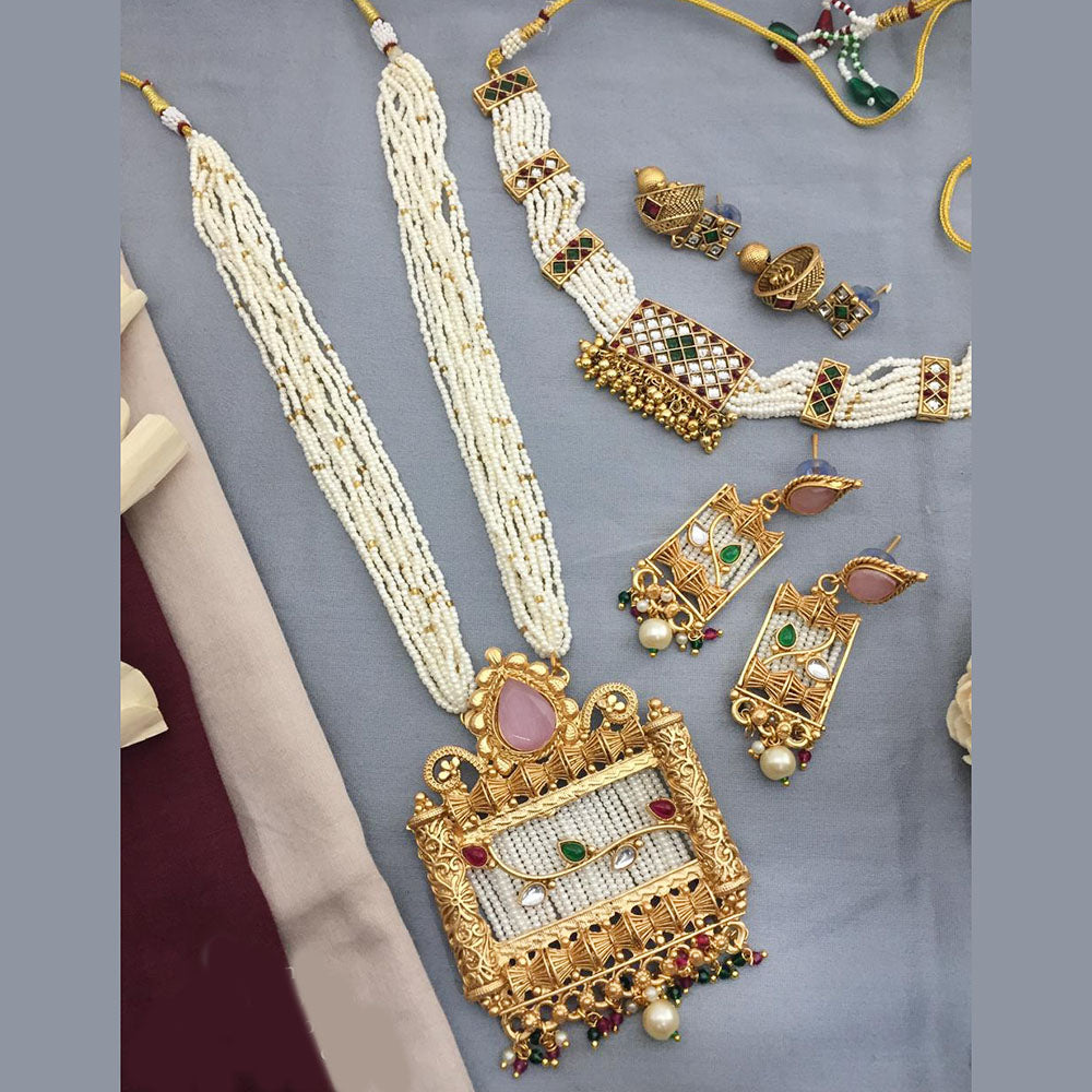 FS Collection Gold Plated Kundan Stone And Pearl Combo Set