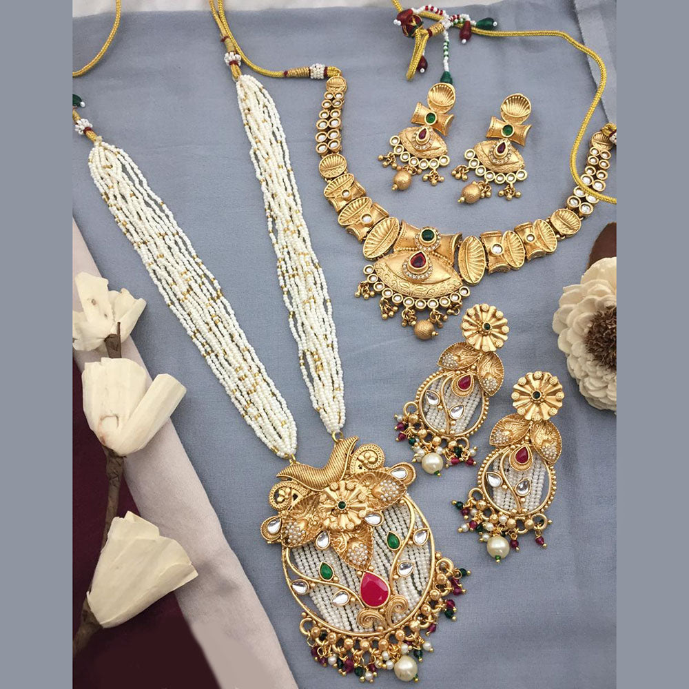 FS Collection Gold Plated Kundan Stone And Pearl Combo Set