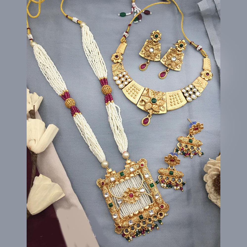 FS Collection Gold Plated Kundan Stone And Pearl Combo Set