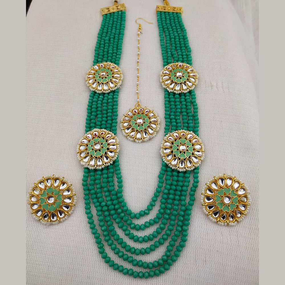 FS Collection Gold Plated Kundan And Beads Multi Layer Long Necklace Set