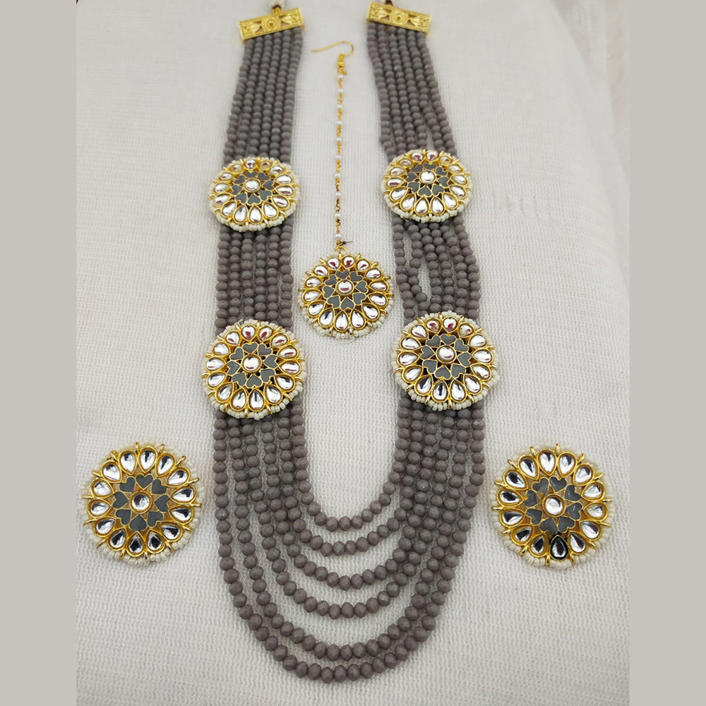 FS Collection Gold Plated Kundan And Beads Multi Layer Long Necklace Set