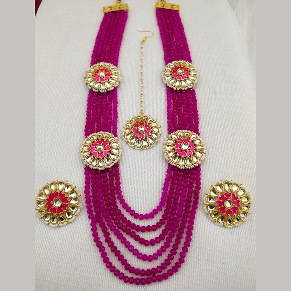 FS Collection Gold Plated Kundan And Beads Multi Layer Long Necklace Set