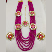 FS Collection Gold Plated Kundan And Beads Multi Layer Long Necklace Set