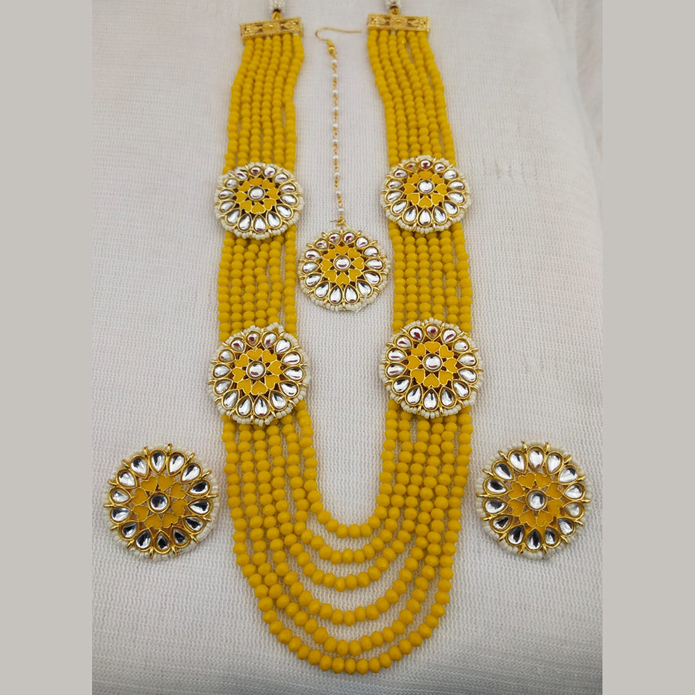 FS Collection Gold Plated Kundan And Beads Multi Layer Long Necklace Set