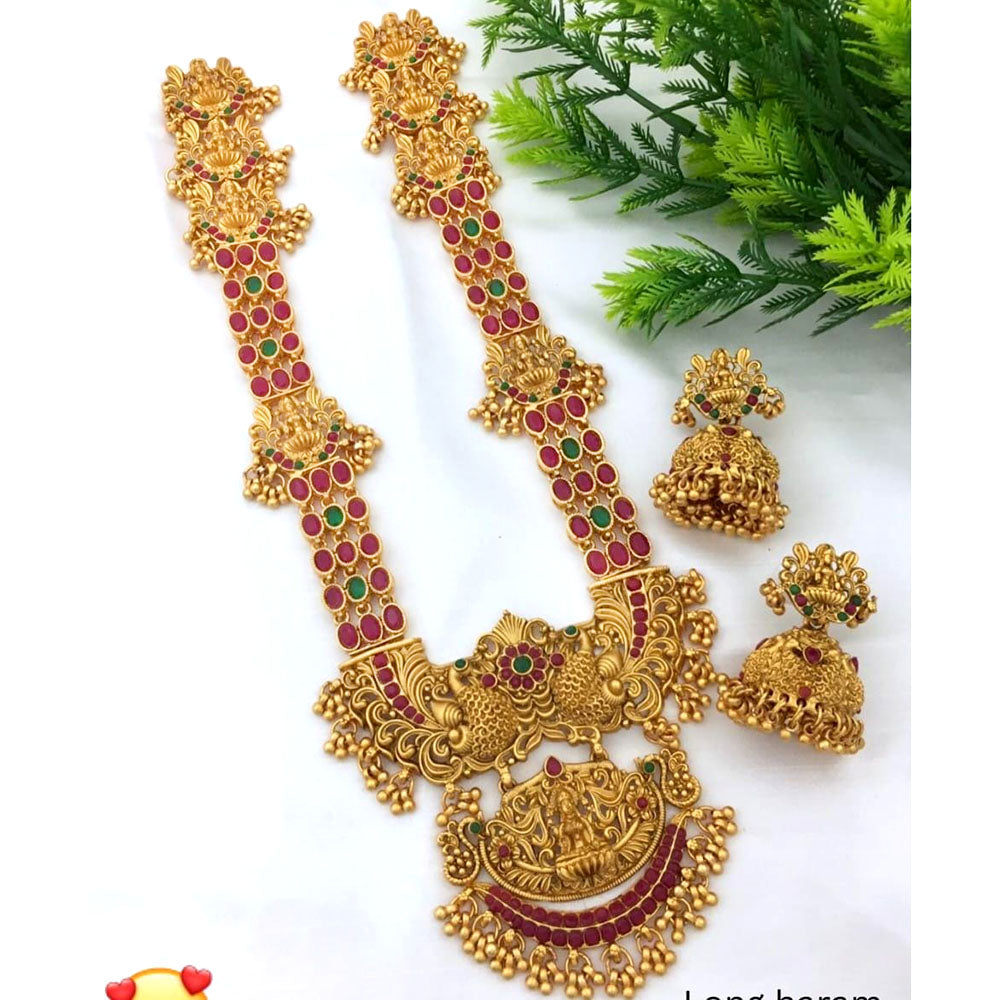 FS Collection Gold Plated Pota Stone Temple Long Necklace Set