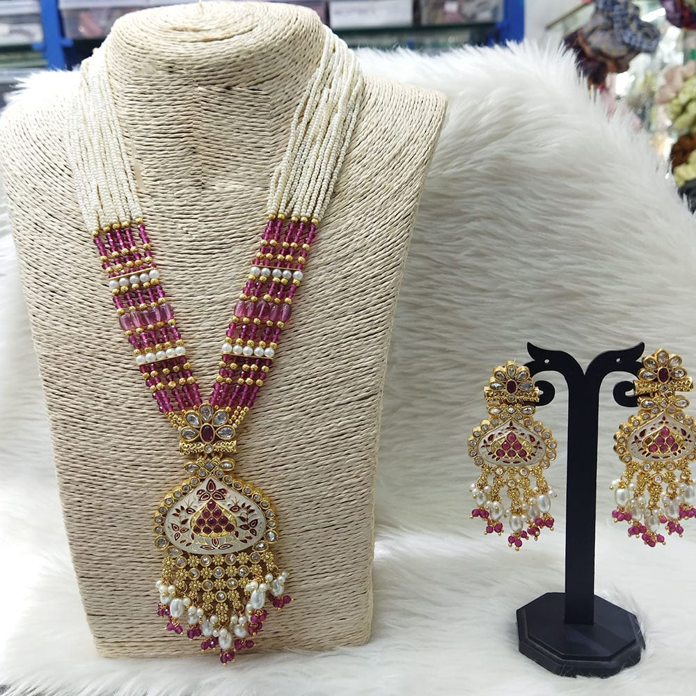 FS Collection Gold Plated Kundan And Pearl Long Necklace Set