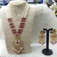 FS Collection Gold Plated Kundan And Pearl Long Necklace Set