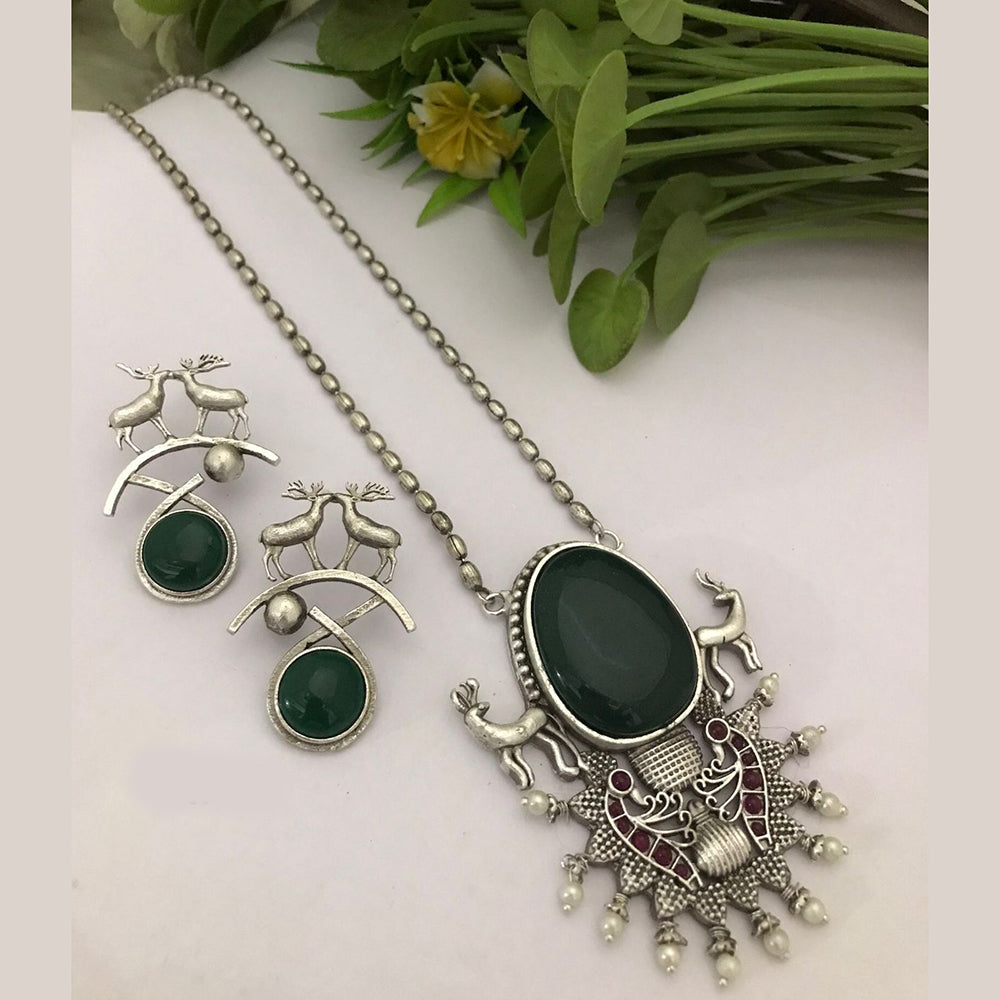 FS Collection Oxidised Plated Pota Stone Long Necklace Set