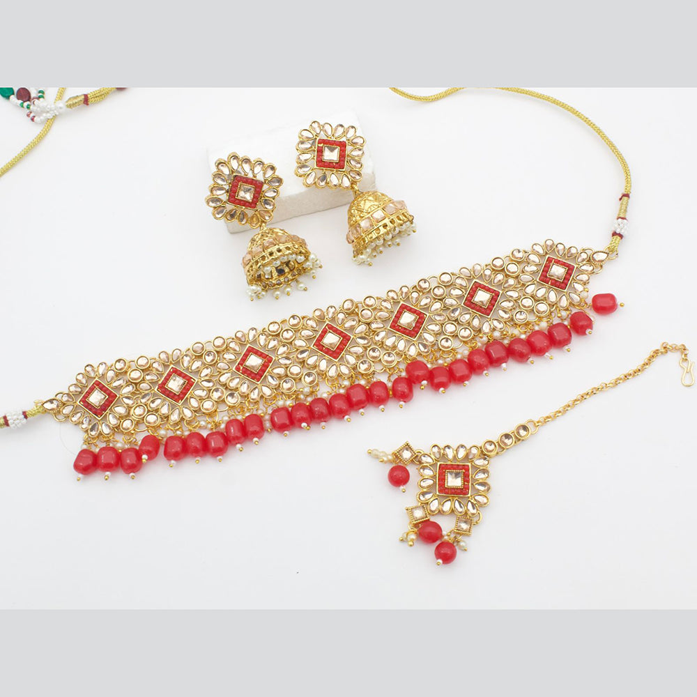 FS Collection Gold Plated Kundan Stone And Pearls Choker Necklace Set