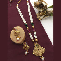 FS Collection Gold Plated Pota Stone And Pearl Long Necklace Set