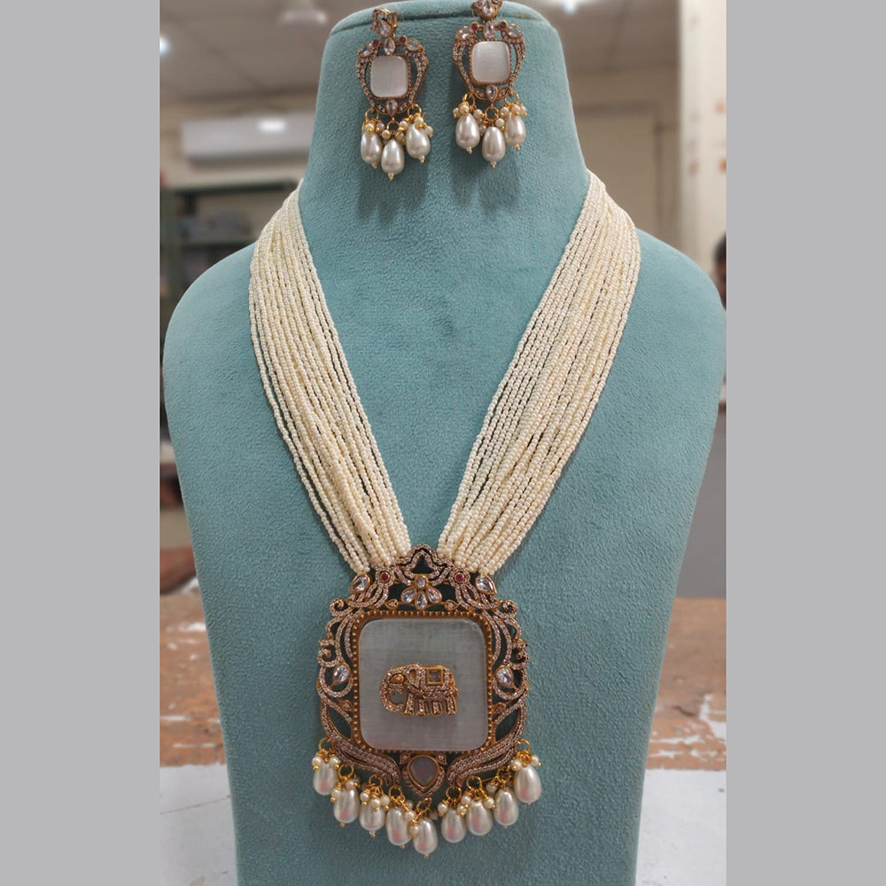 Fs Collection Gold Plated AD And Pearl Long Necklace Set
