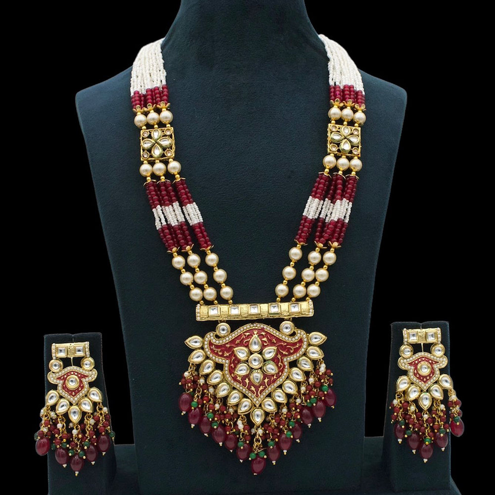 Fs Collection Gold Plated Kundan Stone And Pearls Long Necklace Set