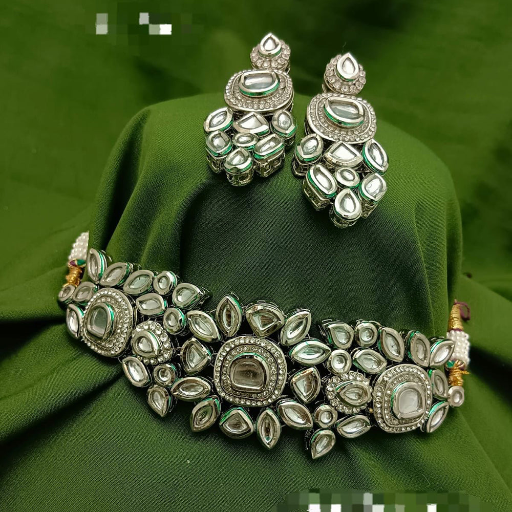 FS Collection Silver Plated Kundan Stone Choker Necklace Set