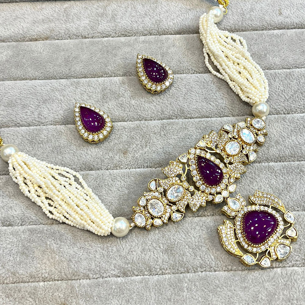 FS Collection Gold Plated AD And Pearl Choker Necklace Set