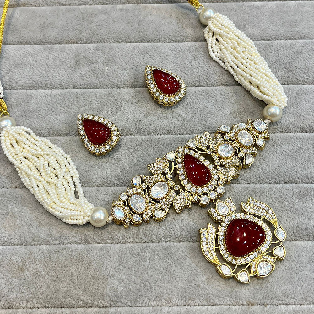FS Collection Gold Plated AD And Pearl Choker Necklace Set