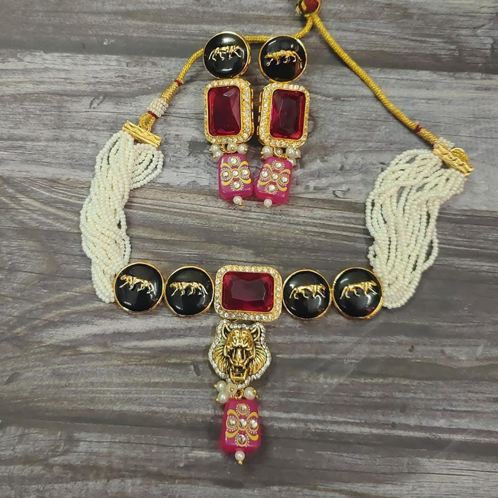 FS Collection Gold Plated Crystal Stone And Pearl Choker Necklace Set