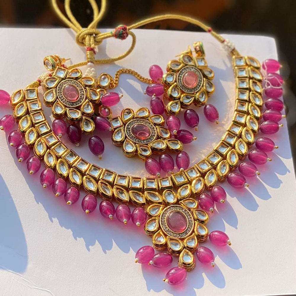 FS Collection Gold Plated Kundan Stone And Beads Necklace Set