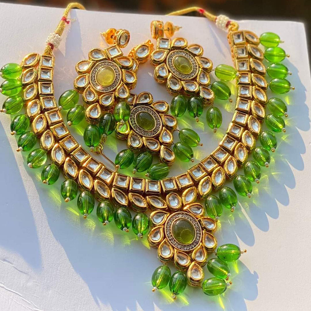 FS Collection Gold Plated Kundan Stone And Beads Necklace Set
