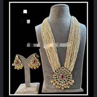 FS Collection Gold Plated Kundan Stone And Pearl Long Necklace Set