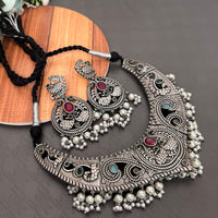 FS Collection Oxidised Plated Pota Stone And Pearl Necklace Set