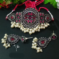 FS Collection Oxidised Plated Pota Stone And Pearl Choker Necklace Set