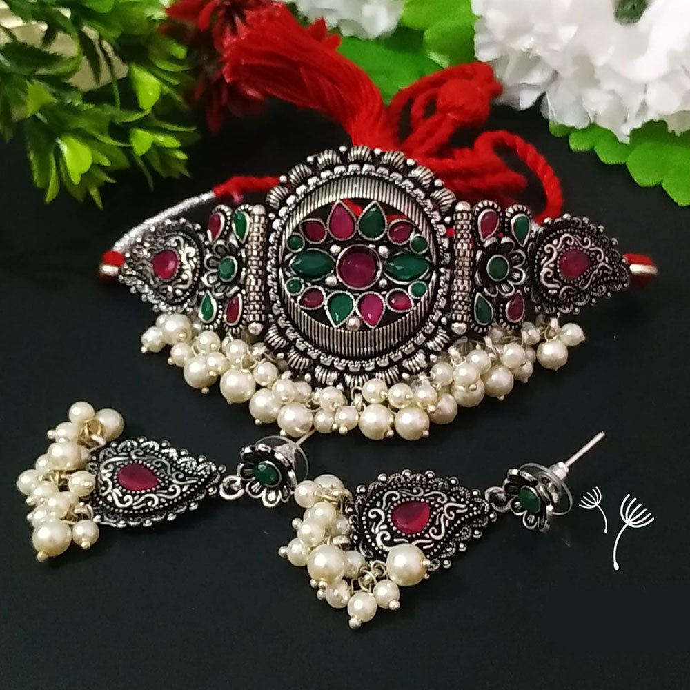 FS Collection Oxidised Plated Pota Stone And Pearl Choker Necklace Set