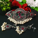 FS Collection Oxidised Plated Pota Stone And Pearl Choker Necklace Set