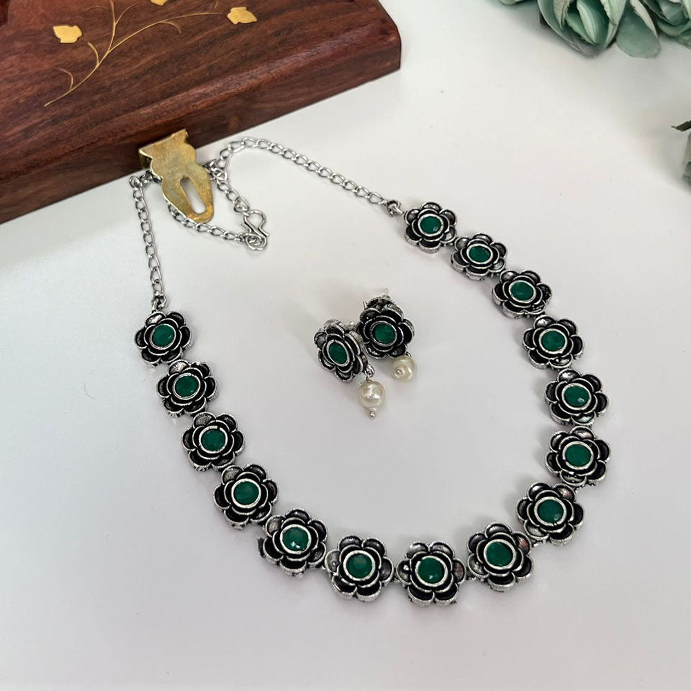 FS Collection Oxidised Plated Pota Stone Necklace Set