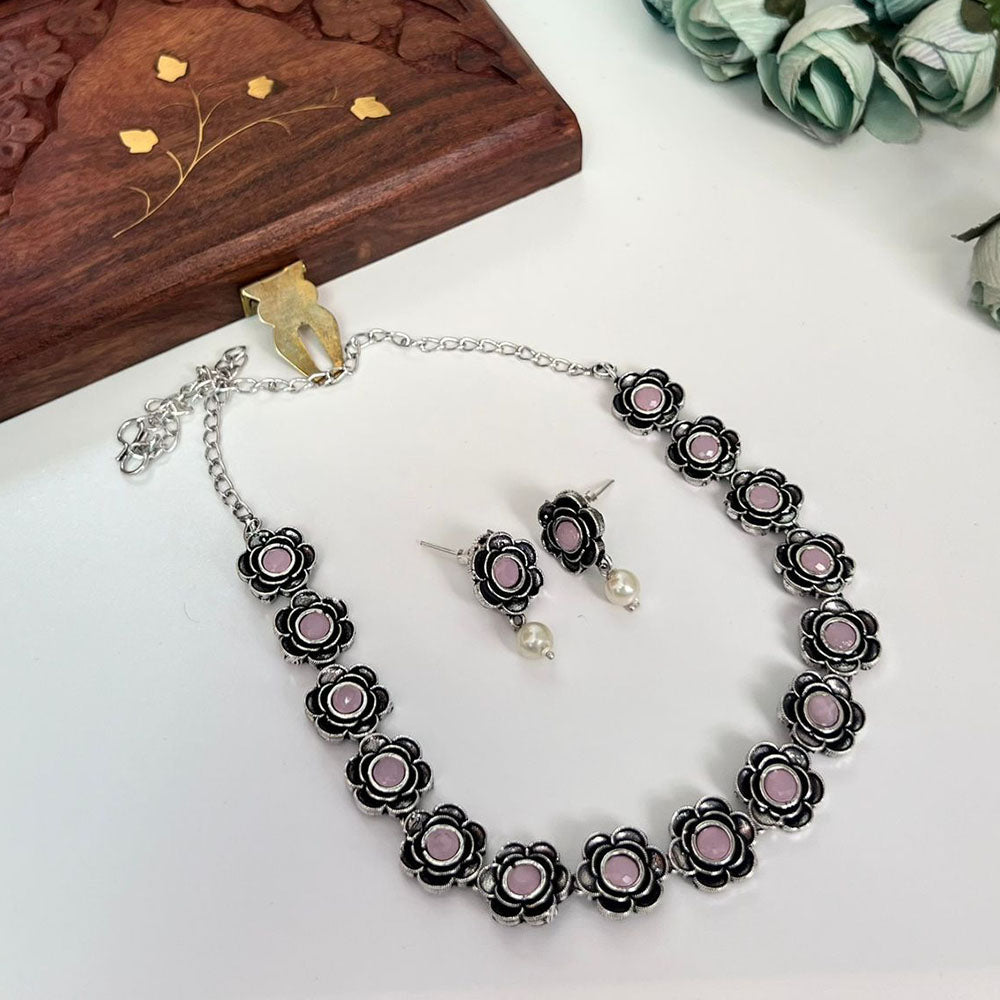 FS Collection Oxidised Plated Pota Stone Necklace Set